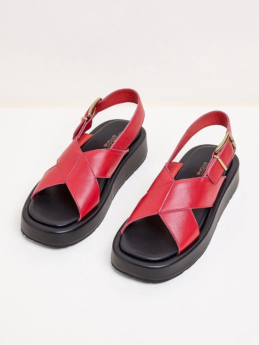 NWOT Charlotte Stone Red Leather Platform Cross-Strap Sandals with Gold Buckle